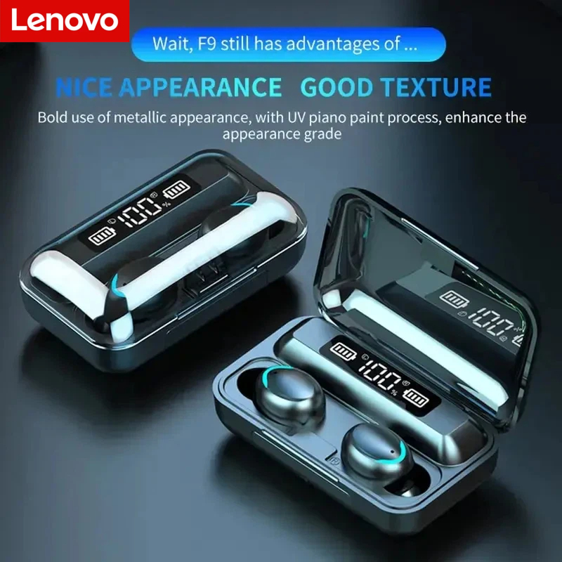 Usb C Cable - หูฟังไร้สายบลูทูธ Lenovo F9 - กล่องชาร์จความจุสูงและหน้าจอดิจิตอล, หูฟังสำหรับเล่นเกมแบตเตอรี่ใช้งานได้ยาวนาน